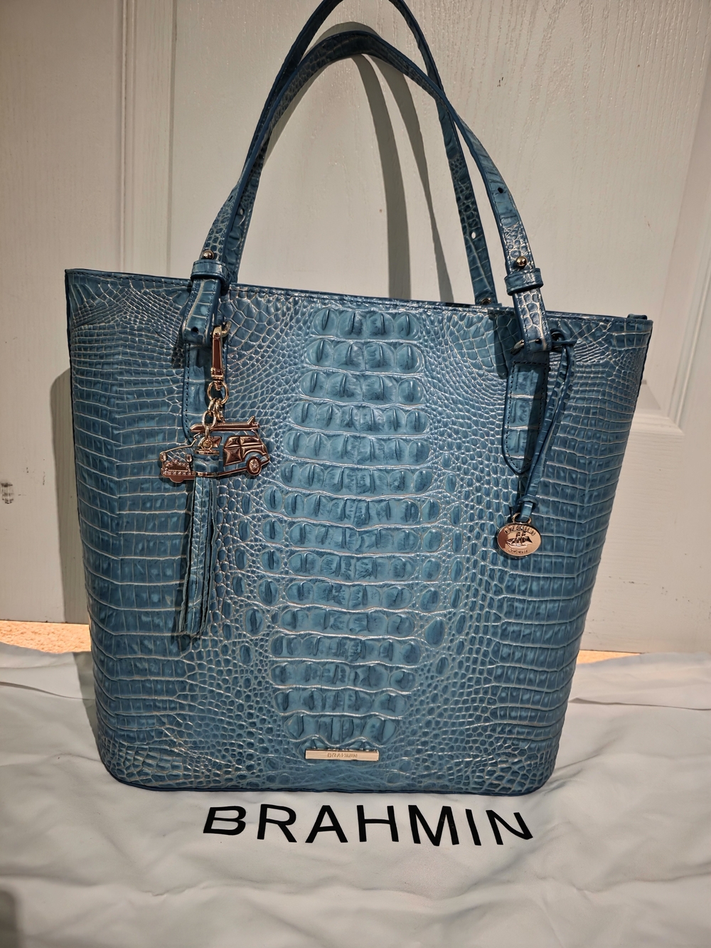 Brahmin Teal Croc-Embossed Leather Tote W/ Charm